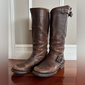 Frye Dark Brown Leather Buckle Boots